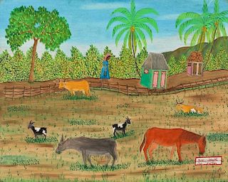 Yves Joseph (Haitian/Cap-Haïtien, 20th c.) Animals in a Field