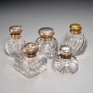 Collection antique silver and glass inkwells