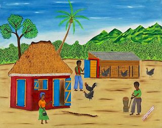 Paul Jean (Haitian/Cap-Haïtien, 20th c.) Country Scene (Raising Fowl)