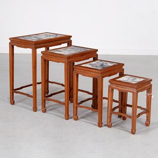 Set (4) Chinese marble top hardwood nesting tables