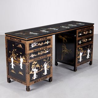 Chinoiserie lacquered double pedestal desk