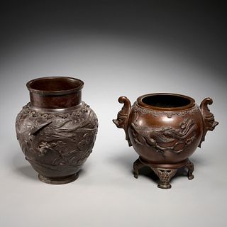 (2) Japanese patinated bronze vessels