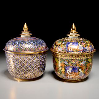 Pair Thai Benjarong porcelain covered jars