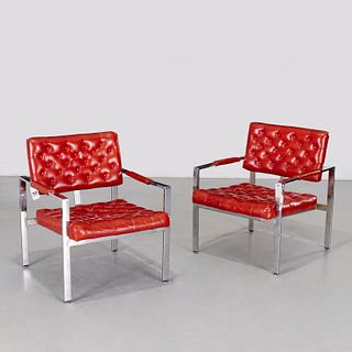 Pair Milo Baughman style leather armchairs