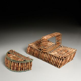 (2) American Folk Art paper bead sewing baskets