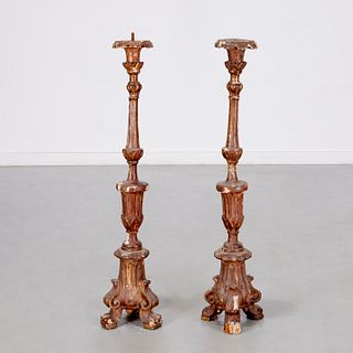 Pair large Italian Baroque giltwood candlesticks