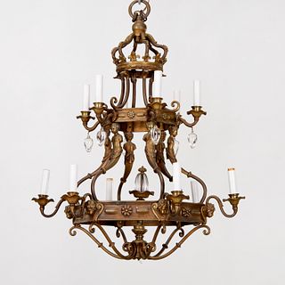 Unusual Belle Epoque 12-light bronze chandelier