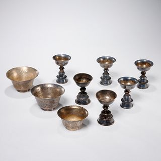 (9) Antique Tibetan silver libation cups and bowls
