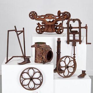 Group (9) sculptural cast iron machinery parts