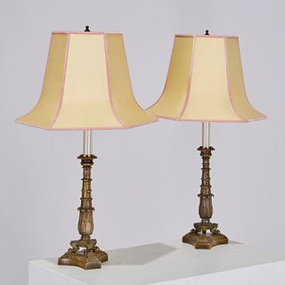 Pair Empire bronze candlestick lamps
