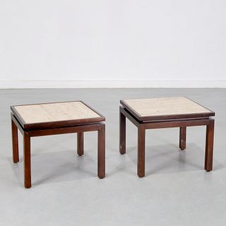 Pair Dunbar style travertine top side tables