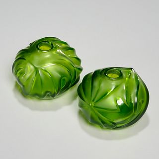 Lalique, pair green Royal Palm bud vases