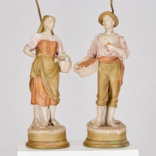Large pair Royal Dux figural lamps