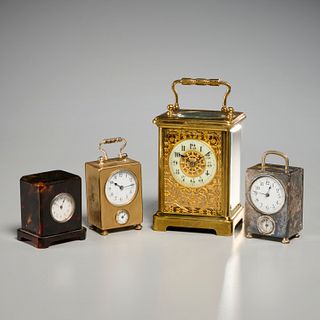 (4) antique carriage and travel alarm clocks