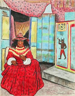 Andre Laurent (Haitian/Cap-Haïtien, 20th c.) Man in Red Dress with Devil, 1974