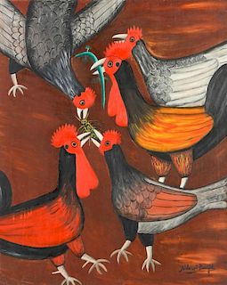 Alberoi Bazile (1920-2005) Chickens Eating Bugs and Lizard