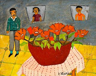 Peters Stephane (Haitian/Bainet, 20th c.) Still Life with Flowers and People