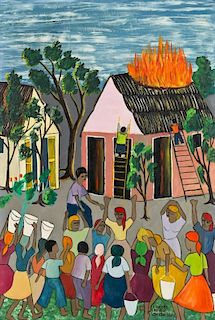 Louines Mentor (Haitian, 20th c.) House on Fire (Verreter, Haiti)