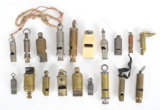 A Large Group of Whistles, Brass, Etc...