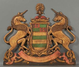Polychromed Carved Wood Coat of Arms, 20th c., fea