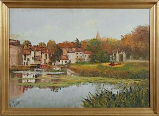 Vibert, "French Village Landscape," 20th c., oil o