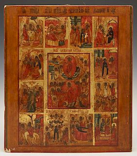 Russian Icon of the Resurrection and Feasts, 19th