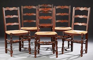 Set of Six French Carved Oak Ladderback Dining Cha