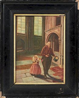 English School, "Old Man and A Child Entering a Ch