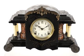1910-20s Sessions Faux Marble & Wood Mantle Clock