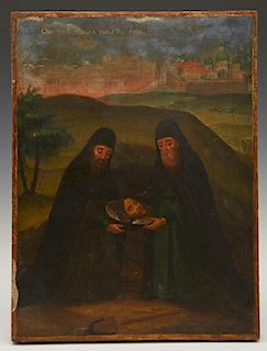 Russian Icon of Two Saints Holding the Head of St.
