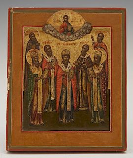 Diminutive Russian Icon of Seven Saints and Christ