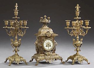 French Three Piece Bronze Clock Set, 19th c., with