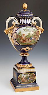 Royal Vienna Style Covered Cobalt Porcelain Vase,