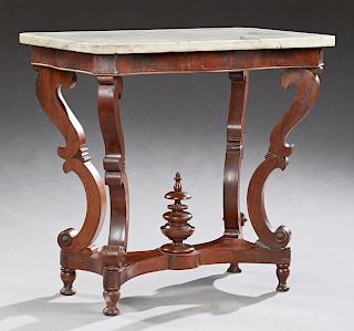 American Carved Walnut Marble Top Side Table, 19th