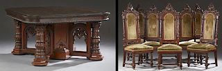 American Nine Piece Carved Oak Gothic Style Dining
