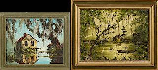 DeLoo (New Orleans), "Swamp Cabin," c. 1980, oil on board, signed l.r., framed, together with M. Chapoton, "Swamp Scene," c. 