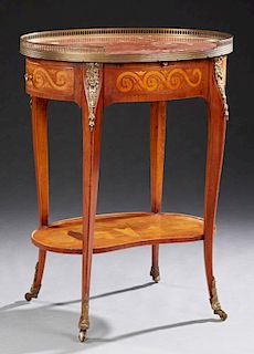 French Ormolu Mounted Marquetry Inlaid Mahogany Oval Marble Top Side Table, 19th c., the breche D'Alpes marble with a three-q