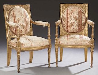 Pair of French Louis XVI Style Carved Gilt Wood Fa