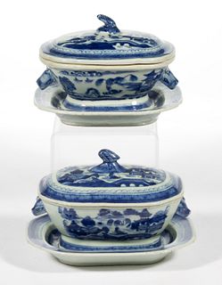 CHINESE EXPORT PORCELAIN BLUE AND WHITE CANTON COVERED SAUCE TUREENS WITH STANDS, LOT OF TWO