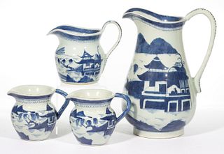 CHINESE EXPORT PORCELAIN BLUE AND WHITE CANTON JUGS / PITCHERS, LOT OF FOUR