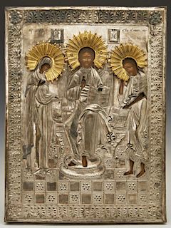 Russian Icon of the Deisis, 19th c., with a gilt a