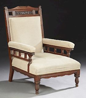English Victorian Carved Mahogany Upholstered Armc