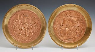 Pair of Copper and Brass Chargers, 19th c., with r