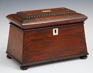 English Carved Inlaid Rosewood Tea Caddy, c. 1830,