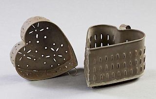 Two Punched Tin Heart Shaped Cheese Molds, 19th c.