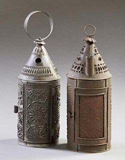 Two Punched Tin Candle Lanterns, 19th c., one with