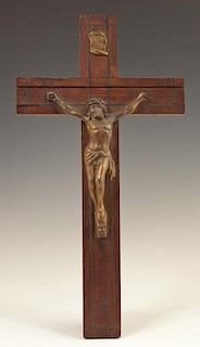 Small Gilt Spelter and Inlaid Mahogany Crucifix, e