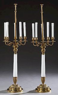 Pair of Brass Five Light Candelabra Lamps, 20th c.