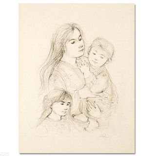 Robert with Mother and Sister Limited Edition Lithograph by Edna Hibel (1917-2014), Numbered and Hand Signed with Certificate of Authenticity.
