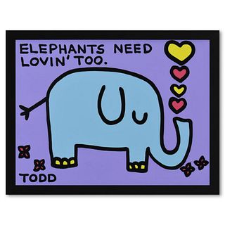 Todd Goldman, "Elephants Need Love" Framed Original Acrylic Painting on Canvas, Hand Signed with Letter of Authenticity.